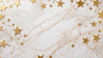 The primary subject of the image is a marble table with a star pattern on it. The table is set against a white background, giving it a clean and elegant appearance. The visual style of the image is a combination of photo and digital art, creating a unique and eye-catching design. The colors and mood of the image are predominantly white and gold, giving it a warm and inviting atmosphere.