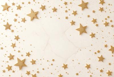 The primary subject of the image is a white marble wall with a pattern of gold stars on it. The setting is a white background, and the visual style is a combination of photo and digital art. The dominant colors are white and gold, creating a clean and elegant atmosphere.