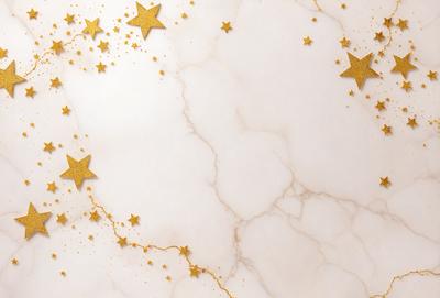 The primary subject of the image is a white marble wall with gold stars painted on it. The setting is a white marble wall, and the visual style is a painting or drawing. The colors and mood of the image are predominantly white and gold, creating a warm and elegant atmosphere.