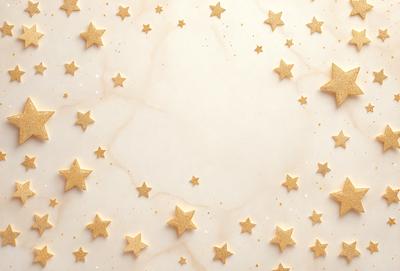 The primary subject of the image is a white marble surface with a pattern of gold stars. The setting is a white background, and the visual style is a combination of photo and digital art. The dominant colors are white and gold, creating a clean and elegant atmosphere.