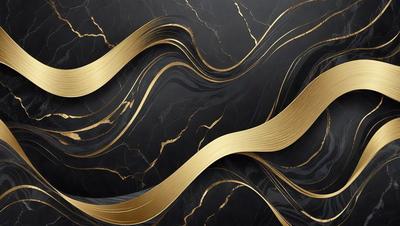 The primary subject of the image is a black marble countertop with a gold design. The setting is a kitchen, and the visual style is a combination of photo and digital art. The countertop features a gold pattern, and the overall atmosphere is elegant and sophisticated.