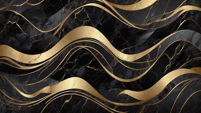 The primary subject of the image is a marble countertop with a gold and black pattern. The setting is a kitchen, and the visual style is a combination of photo and digital art. The dominant colors are gold and black, creating a luxurious and elegant atmosphere.