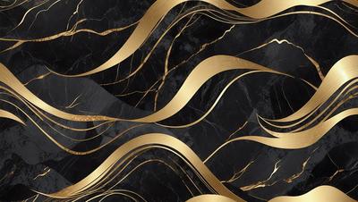 The primary subject of the image is a marble surface with a gold pattern. The setting is a black background, and the visual style appears to be a combination of photo and digital art. The dominant colors are gold and black, creating a luxurious and elegant atmosphere.