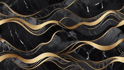The primary subject of the image is a black and gold marble pattern. The setting is a black and gold marble wall, which serves as the background. The visual style is a combination of a photo and digital art, creating a unique and intricate design. The dominant colors are black and gold, giving the image a luxurious and elegant appearance.