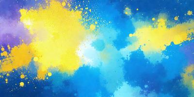 The primary subject of the image is a blue background with yellow and white splashes of paint. The setting appears to be a painting or a digital artwork, as the colors and mood suggest a creative and artistic atmosphere. The visual style is a mix of digital art and traditional painting, with the blue background and the yellow and white splashes creating a unique and eye-catching design.