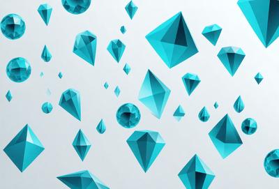 The primary subject of the image is a collection of blue crystals, which are scattered throughout the scene. The setting is a white background, which provides a clean and minimalist appearance. The visual style is a combination of digital art and illustration, creating a unique and eye-catching pattern. The dominant colors are blue and white, giving the image a calm and serene atmosphere.