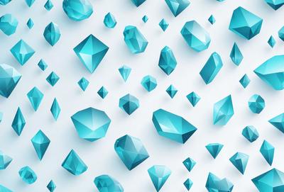 The primary subject of the image is a collection of blue crystals, which are the main objects in the scene. The setting is a white background, which provides a clean and minimalist appearance. The visual style is a digital art or illustration, as the crystals are depicted in a detailed and realistic manner. The dominant colors in the image are blue, which creates a calm and serene atmosphere.