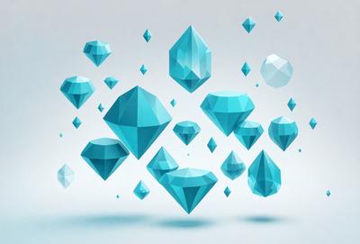 The primary subject of the image is a collection of blue crystals, which are floating in the air. The setting is a white background, which provides a clean and minimalist appearance. The visual style is digital art, as the crystals are depicted in a three-dimensional manner. The dominant colors are blue, which creates a calming and serene atmosphere.