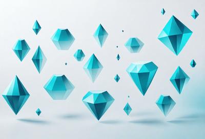 The primary subject of the image is a collection of blue crystals or gems, which are the main objects in the scene. The setting is a white background, which provides a clean and minimalist appearance. The visual style is digital art, as the crystals are depicted in a 3D or stylized manner. The dominant colors are blue, which gives the image a calm and serene atmosphere.