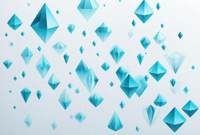 The primary subject of the image is a pattern of blue crystals or diamond shapes. The setting is a white background, which provides a clean and minimalist appearance. The visual style is a combination of digital art and illustration, creating a unique and eye-catching design. The dominant colors are blue and white, giving the image a cool and sophisticated mood.