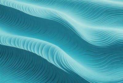 The primary subject of the image is a blue, wavy, and curved surface, which appears to be a piece of art or a design element. The setting is a blue background, and the visual style is a combination of digital art and illustration. The colors and mood of the image are predominantly blue, creating a calm and serene atmosphere.