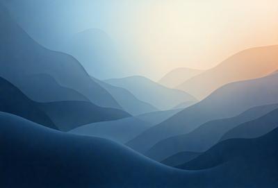 The primary subject of the image is a mountain range, with a blue sky serving as the backdrop. The visual style appears to be a digital art or illustration, as the mountains are depicted in a stylized manner. The colors and mood of the image are predominantly blue, creating a serene and calming atmosphere.
