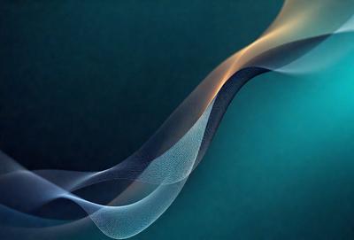 The primary subject of the image is a blue background with a white, wavy, and flowing pattern. The setting appears to be a dark room, and the visual style is a combination of digital art and illustration. The dominant colors are blue and white, creating a calm and serene atmosphere.