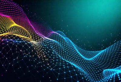 The primary subject of the image is a colorful, abstract wave pattern. The setting is a dark background, which contrasts with the vibrant colors of the wave pattern. The visual style is a combination of digital art and illustration, creating a dynamic and visually appealing scene. The dominant colors are blue, purple, and yellow, which contribute to a lively and energetic atmosphere.
