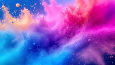 The primary subject of the image is a colorful, swirling, and vibrant cloud of paint. The setting is a blue sky, which serves as the backdrop for the cloud. The visual style of the image is a combination of a photo and digital art, creating a unique and eye-catching effect. The dominant colors in the image are blue, purple, and pink, giving the scene a lively and energetic atmosphere.
