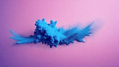 The primary subject of the image is a blue, swirling, and cloudy substance, possibly a painting or a digital artwork. The setting is a pink background, which adds a contrasting and vibrant touch to the scene. The visual style appears to be a mix of photo and digital art, as the blue substance seems to be a blend of both. The colors and mood of the image are predominantly blue and purple, creating a sense of depth and a calming atmosphere.