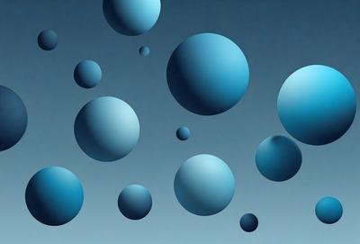 The primary subject of the image is a group of blue spheres floating in a dark blue background. The setting appears to be a space or an abstract environment, as the spheres are floating in the air. The visual style of the image is a combination of photo and digital art, creating a unique and intriguing scene. The dominant colors in the image are blue, which gives the scene a calm and serene atmosphere.