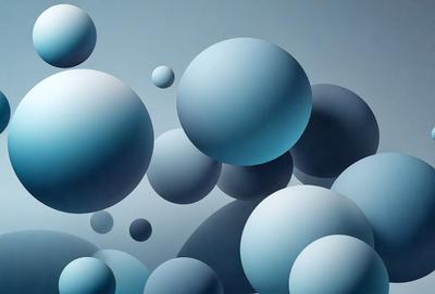 The primary subject of the image is a collection of blue and white spheres, which are floating in a gray background. The visual style of the image is digital art, as it appears to be a computer-generated or digitally manipulated composition. The colors and mood of the image are predominantly blue and white, creating a sense of calmness and tranquility.