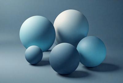 The primary subject of the image is a group of three blue spheres, which are the main objects in the scene. They are placed on a blue surface, creating a visually appealing contrast. The visual style of the image is digital art, as it appears to be a computer-generated or digitally rendered scene. The colors and mood of the image are predominantly blue, giving it a calm and serene atmosphere.