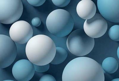 The primary subject of the image is a collection of white and blue spheres, which are floating in a blue background. The visual style of the image is digital art, as it appears to be a computer-generated or digitally manipulated composition. The colors and mood of the image are predominantly blue, with the white spheres adding a touch of brightness and contrast to the overall scene.