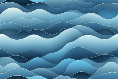The primary subject of the image is a blue ocean with waves. The setting is a blue background, and the visual style is a digital art or illustration. The dominant colors are blue and white, creating a calm and serene atmosphere.