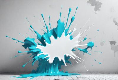 The primary subject of the image is a large, blue, and white splash of paint, which appears to be a painting or a digital artwork. The setting is a white wall, and the visual style is a combination of photo and digital art. The dominant colors are blue and white, creating a vibrant and energetic atmosphere.