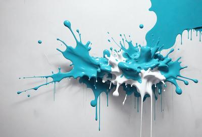 The primary subject of the image is a painting of a blue and white splash, which appears to be a creative and artistic representation of a splashing substance. The setting is a white wall, which serves as the background for the painting. The visual style of the image is a painting, showcasing the artist's skill in creating a realistic and visually appealing representation of the splash. The dominant colors in the painting are blue and white, which contribute to the overall mood of the artwork, ev