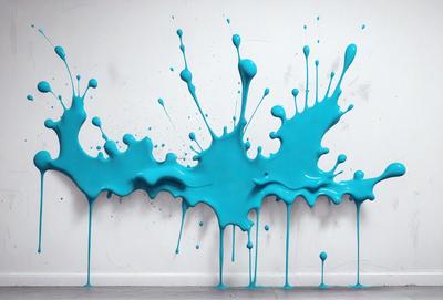 The primary subject of the image is a blue paint splatter on a white wall. The setting is a room with a white wall, and the visual style appears to be a painting or a digital artwork. The dominant colors are blue and white, creating a calm and soothing atmosphere.