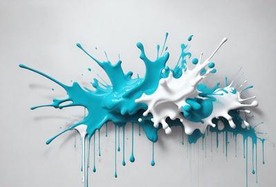 The primary subject of the image is a painting of a blue and white splash, which appears to be a digital art piece. The setting is a white wall, and the visual style is a digital artwork. The dominant colors in the painting are blue and white, creating a clean and modern atmosphere.