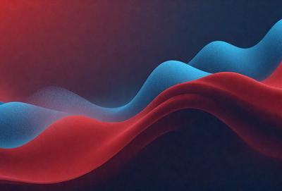The primary subject of the image is a red and blue wave, which is the main focus of the scene. The setting is a dark blue background, creating a contrasting and dramatic effect. The visual style is a digital art or illustration, as the wave appears to be a digital creation. The dominant colors are red and blue, giving the image a bold and vibrant atmosphere.