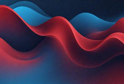 The primary subject of the image is a red and blue wave pattern. The setting is a dark blue background, which contrasts with the vibrant colors of the wave pattern. The visual style is a digital art or illustration, as the wave pattern appears to be a digital creation. The dominant colors are red and blue, creating a bold and striking visual effect.