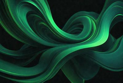 The primary subject of the image is a green, swirling, and curling pattern. The setting is a dark background, which contrasts with the vibrant green color of the pattern. The visual style appears to be a digital art or illustration, as the pattern is intricate and detailed. The colors and mood of the image are predominantly green, creating a sense of movement and energy.