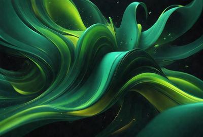 The primary subject of the image is a large, colorful, and swirling green and yellow painting. The painting is set against a dark background, creating a striking contrast. The visual style of the image is a combination of digital art and illustration, giving it a unique and artistic appearance. The dominant colors in the painting are green and yellow, creating a lively and vibrant atmosphere.