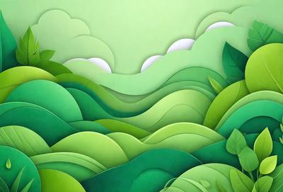 The image features a lush green hillside with a mountainous landscape. The primary subject is a large, detailed illustration of a forest, with green leaves and trees covering the entire scene. The setting is a mountainous area with a cloudy sky in the background. The visual style is a combination of digital art and illustration, creating a vibrant and realistic representation of the forest. The colors and mood are predominantly green, conveying a sense of tranquility and natural beauty.