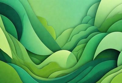 The primary subject of the image is a large, green, three-dimensional painting of a lush, green forest. The painting is set against a backdrop of a green, leafy hillside. The visual style of the painting is a combination of digital art and illustration, creating a vibrant and realistic representation of the forest. The dominant colors in the painting are green, with various shades and hues, creating a serene and natural atmosphere.