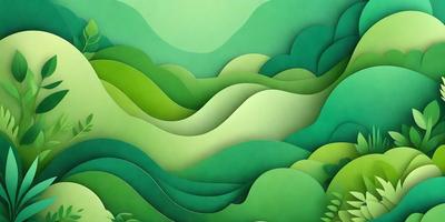 The primary subject of the image is a green landscape, featuring a mountainous terrain with trees and a lush green hillside. The setting is a large, detailed illustration of a forest, with the background being a combination of green and brown hues. The visual style is a combination of digital art and illustration, creating a vibrant and detailed scene. The colors and mood of the image are predominantly green, conveying a sense of tranquility and natural beauty.