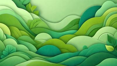 The primary subject of the image is a green landscape, featuring a lush, grassy hillside with trees and bushes. The setting is a green, grassy field with a mountainous background. The visual style is a combination of digital art and illustration, creating a vibrant and detailed scene. The colors and mood are predominantly green, conveying a sense of tranquility and natural beauty.