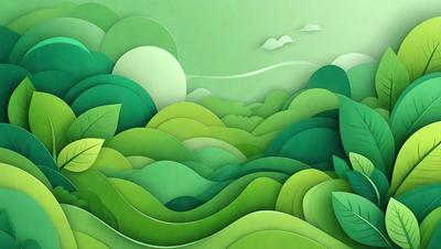 The primary subject of the image is a lush green forest filled with trees and leaves. The setting is a green, leafy hillside with a sky background. The visual style is a combination of digital art and illustration, creating a vibrant and natural atmosphere. The dominant colors are green and various shades of green, which contribute to the overall mood of the scene.