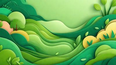 The primary subject of the image is a green landscape with a mountainous background. The setting is a lush, green environment, and the visual style is a combination of digital art and illustration. The colors and mood of the image are predominantly green, creating a serene and natural atmosphere.