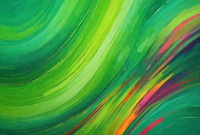 The primary subject of the image is a vibrant, colorful, and abstract painting featuring a green and purple color scheme. The painting is displayed on a wall, creating a visually striking and engaging scene. The visual style of the painting is a mix of digital art and illustration, giving it a unique and artistic appearance. The colors and mood of the painting evoke a sense of energy and creativity, making it an appealing and captivating piece of art.