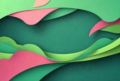 The primary subject of the image is a green and pink paper cutout of a leafy plant. The setting is a green background, which complements the vibrant colors of the paper cutout. The visual style is a combination of digital art and illustration, as the paper cutout is created using a digital medium. The colors and mood of the image are lively and fresh, with the green and pink hues evoking a sense of growth and vitality.