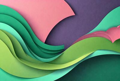 The primary subject of the image is a colorful, abstract artwork featuring a wave-like design. The setting is a dark background, which contrasts with the vibrant colors of the artwork. The visual style appears to be a combination of digital art and illustration, creating a unique and eye-catching piece. The dominant colors in the artwork are green, purple, and pink, giving it a lively and energetic atmosphere.