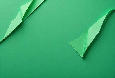 The primary subject of the image is a green background with two green triangles. The setting is a green surface, and the visual style appears to be a photo. The colors and mood of the image are predominantly green, creating a calm and serene atmosphere.