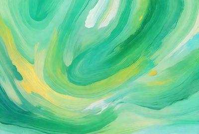The primary subject of the image is a green and yellow painting, which features a swirling, abstract design. The setting is a canvas, and the visual style is a painting. The dominant colors in the painting are green and yellow, creating a lively and vibrant atmosphere.
