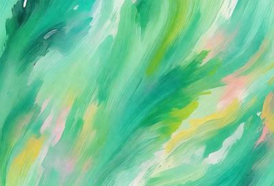 The primary subject of the image is a green and yellow painting, which features a mix of colors and a patterned design. The setting is a canvas, and the visual style is a painting. The dominant colors in the painting are green and yellow, creating a lively and vibrant atmosphere.
