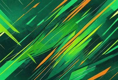 The primary subject of the image is a green and orange abstract art piece. The setting is a space with a green background, and the visual style is a combination of digital art and illustration. The dominant colors are green and orange, creating a vibrant and lively atmosphere.