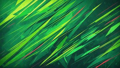 The primary subject of the image is a green and yellow plant with long, thin leaves. The setting is a green background, which creates a vibrant and lively atmosphere. The visual style is a combination of digital art and illustration, giving the image a unique and artistic appearance. The dominant colors are green and yellow, which evoke a sense of freshness and growth.