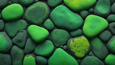 The primary subject of the image is a large green rock, which is the main object in the scene. The rock is surrounded by other green rocks, creating a visually appealing and vibrant display. The setting appears to be a rock wall or a similar environment, with the green rocks as the main focus. The visual style of the image is a combination of photo and digital art, creating a unique and eye-catching composition. The dominant colors in the image are green, which gives the scene a lively and fresh atmosphere.
