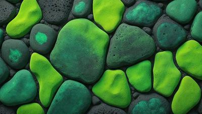 The primary subject of the image is a large green rock, which is the main object in the scene. The rock is surrounded by other green rocks, creating a visually appealing and cohesive arrangement. The setting appears to be a rocky surface, possibly a wall or a natural formation. The visual style of the image is a combination of photo and digital art, as it captures the intricate details of the rocks while also showcasing a creative and artistic touch. The dominant colors in the image are green, which gives