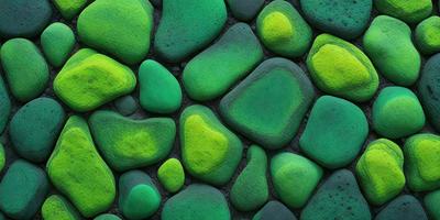 The primary subject of the image is a large green rock wall, which is the main focus of the scene. The setting is a rocky environment, with the rock wall as the background. The visual style of the image is a digital art or illustration, showcasing the intricate details of the rock wall. The dominant colors in the image are green, which gives the wall a lush and vibrant appearance. The overall atmosphere of the image is natural and serene, with the rock wall as the main subject.